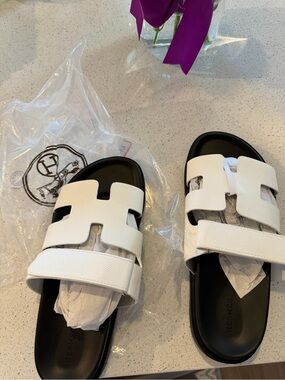 White Leather Slide Sandals with Cutout Straps
